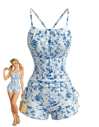 蓝白拼色 1950s Bikini Set Floral Swimsuit