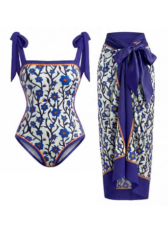 [Pre-Sale] 2PCS Blue 1950s Floral Tie Swimsuit & Cover-Up, vintage swimsuit, pin-up swimwear - perfect for women who love vintage and retro fashion