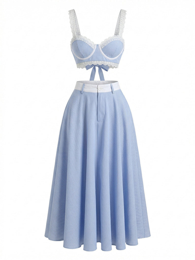 Blue 1950s Lace Spaghetti Strap Patchwork High Waist Skirt Set