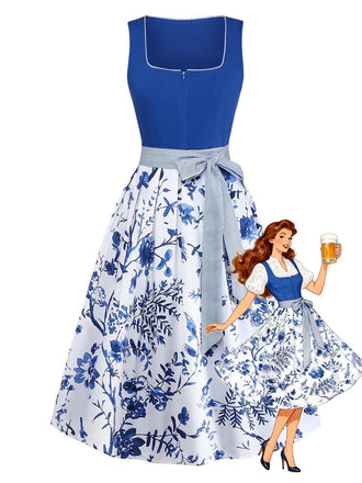 Dark Blue 1950s Floral Square Neck Belted Dress