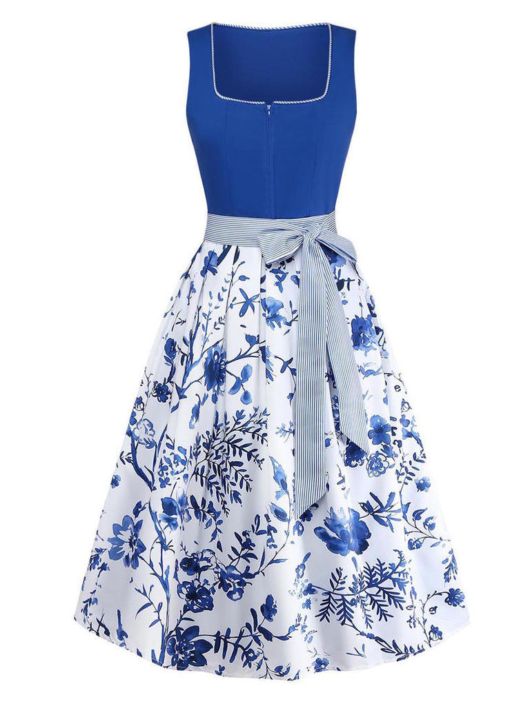 Dark Blue 1950s Floral Square Neck Belted Dress 2