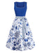 Dark Blue 1950s Floral Square Neck Belted Dress 2