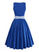 Dark Blue 1950s Floral Square Neck Belted Dress 3