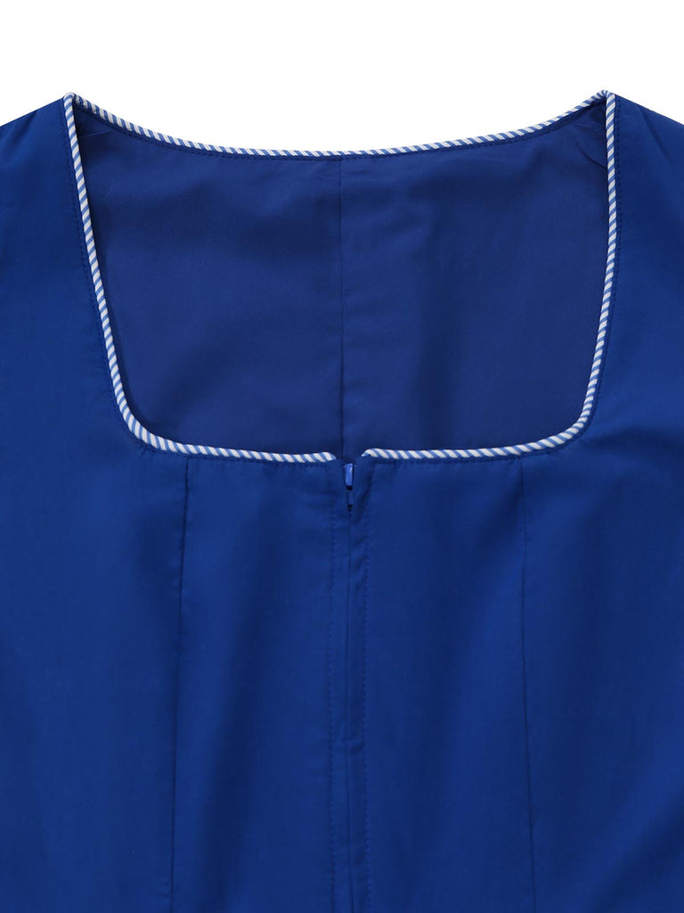 Dark Blue 1950s Floral Square Neck Belted Dress 4