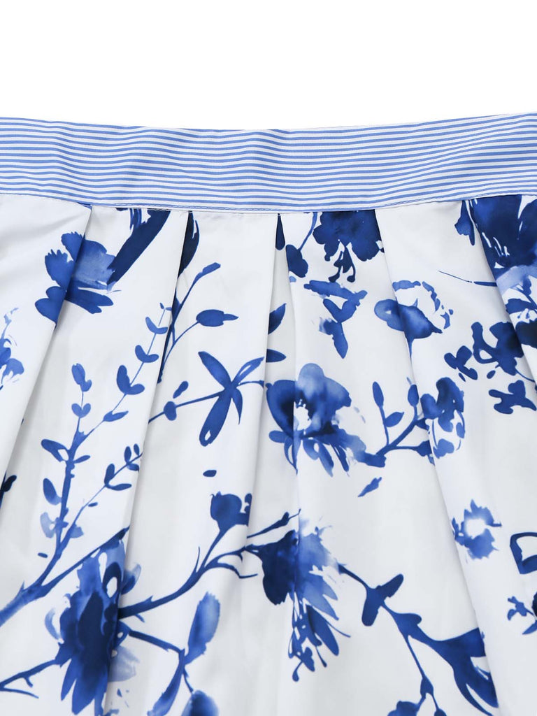 Dark Blue 1950s Floral Square Neck Belted Dress 6