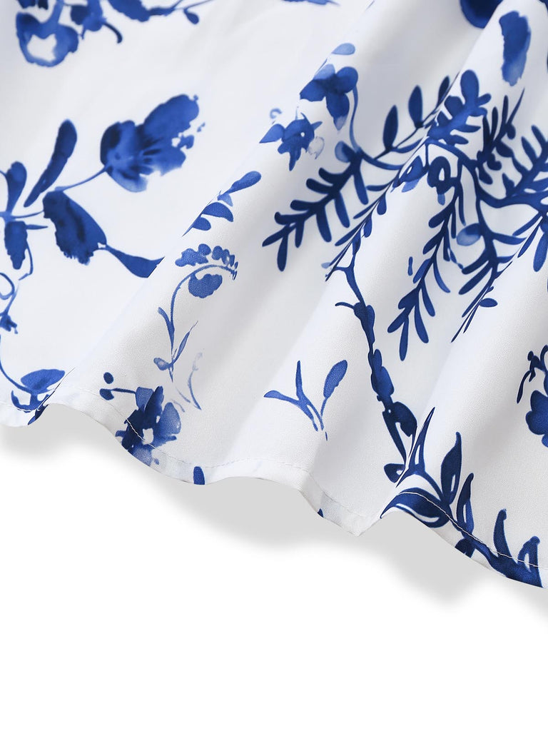 Dark Blue 1950s Floral Square Neck Belted Dress 8