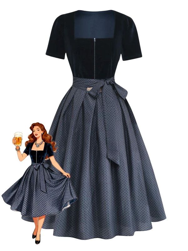 2PCS Blue 1950s Square Neck Velvet Dress & Polka Dot Apron, vintage dress, retro fashion, rockabilly, pin-up fashion - vintage inspired fashion