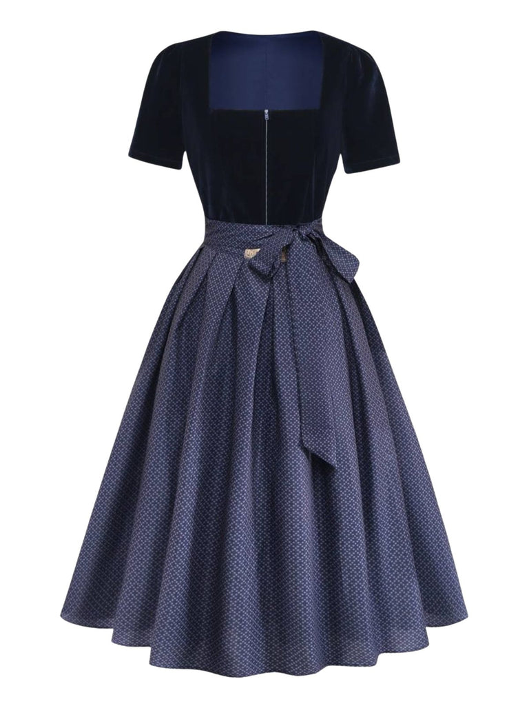 2PCS Blue 1950s Square Neck Velvet Dress & Polka Dot Apron, vintage dress, retro fashion, rockabilly, pin-up fashion - perfect for women who love vintage and retro fashion