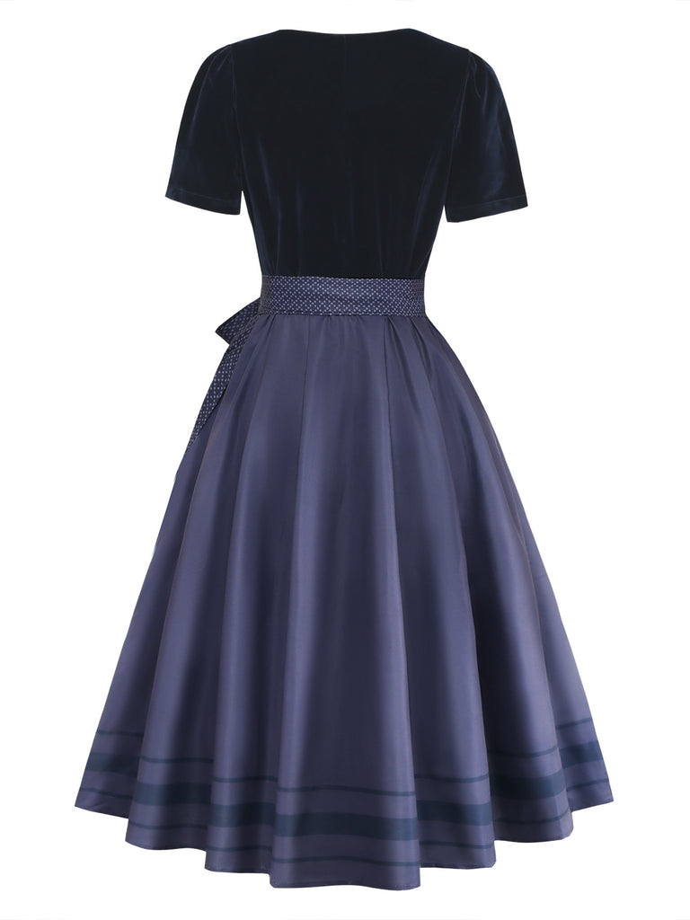 Blue 1950s Polka Dot Floral Dress 4