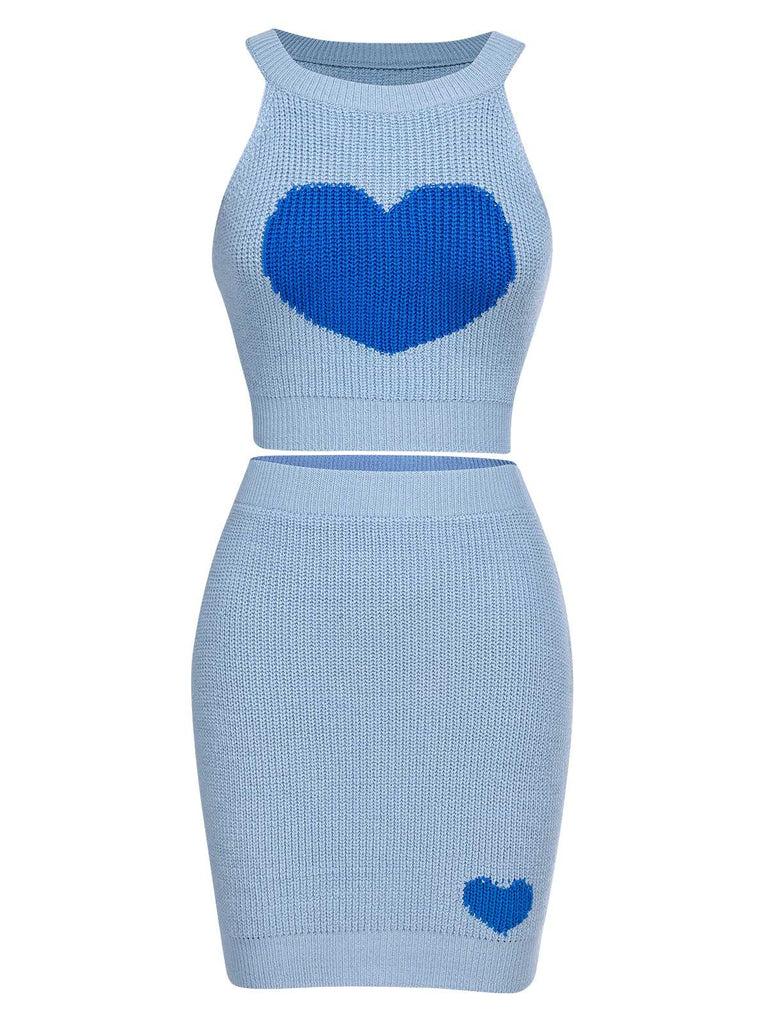 2PCS Blue 1960s Knitted Heart Cropped Top & Skirt: a 1960s classic that whispers rather than shouts