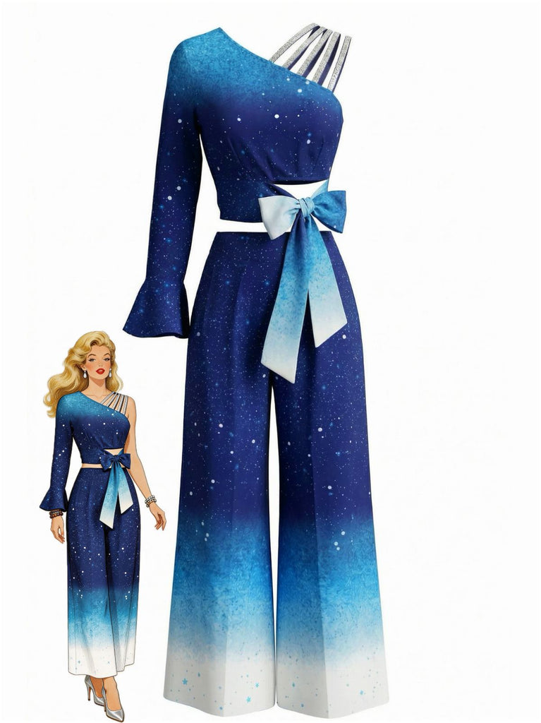 2PCS Blue 1970s Gradient Glitter Top & Pants Set - vintage fashion, retro style