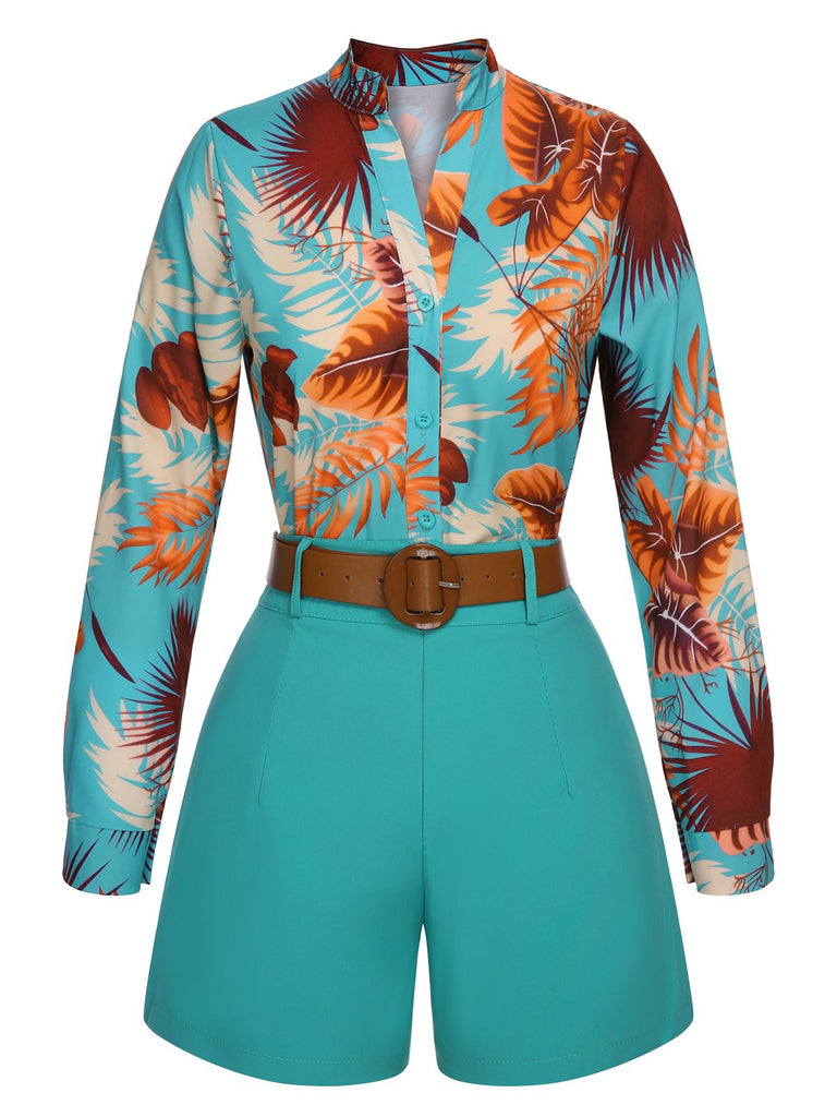 2PCS Blue 1970s Tropical Blouse & Shorts With Belt, vintage top, retro blouse - perfect for women who love vintage and retro fashion