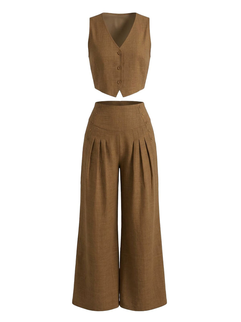 2PCS Brown 1940s V-Neck Vest & Wide Leg Pants: beautiful vintage outerwear, retro jacket, classic elegance with timeless appeal