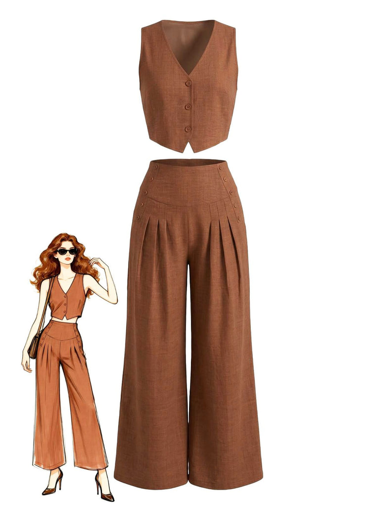 2PCS Brown 1940s V-Neck Vest & Wide Leg Pants, vintage fashion, retro style - perfect for women who love vintage and retro fashion