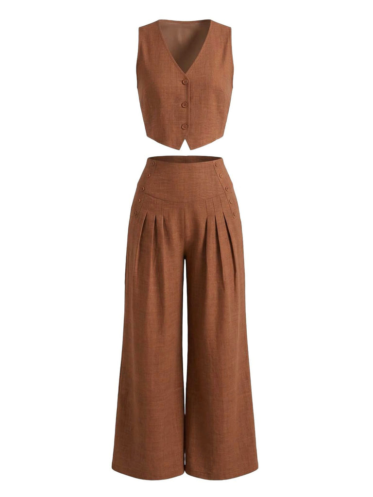 2PCS Brown 1940s V-Neck Vest & Wide Leg Pants, vintage fashion, retro style - perfect for women who love vintage and retro fashion