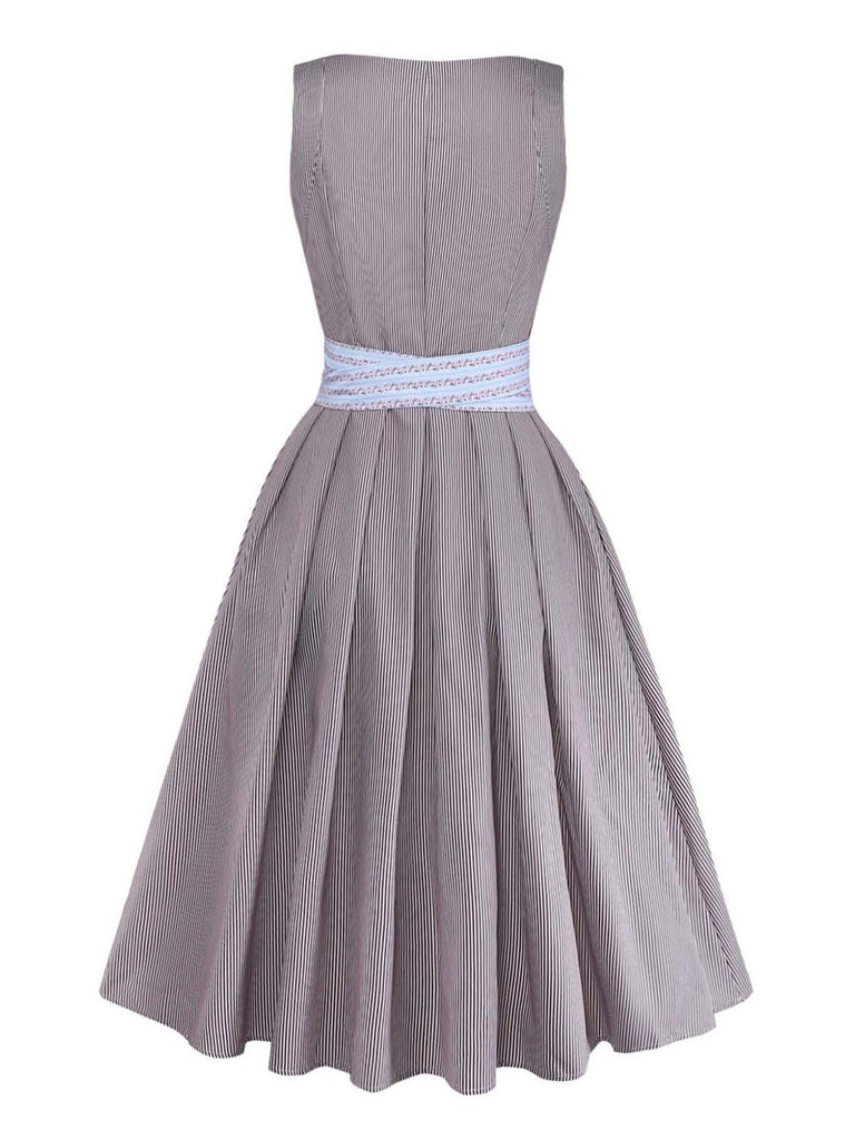 Brown 1950s Floral Striped Vintage Dress 3