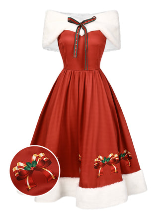 She slips into this 2PCS Christmas 1950s Strapless Bow Fur Dress & Shawl and suddenly it's a 1950s daydream