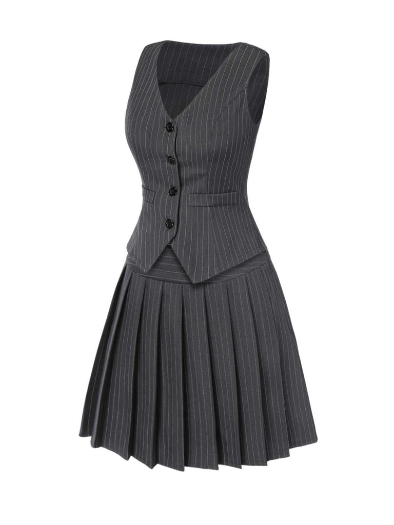 2PCS Dark 1960s Pinstripes Top & Pleated Skirt — 1960s elegance she can wear anywhere