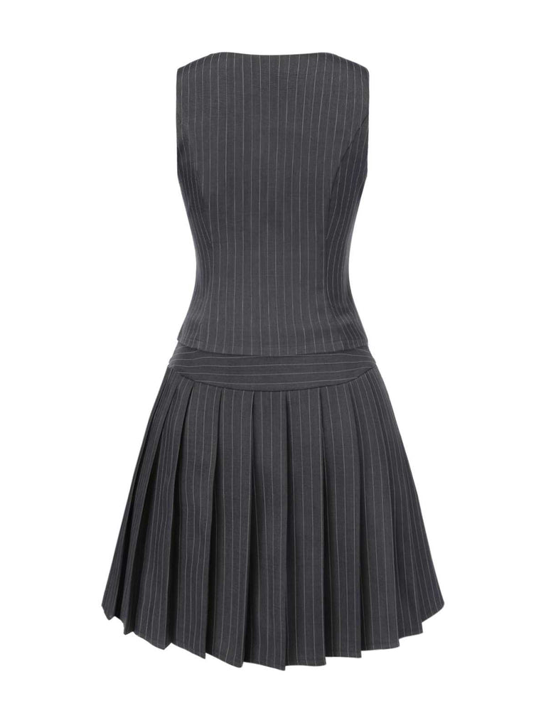 2PCS Dark 1960s Pinstripes Top & Pleated Skirt — 1960s jazz-age spirit for her morning coffee