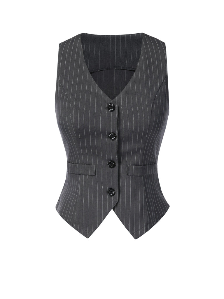 She pairs this 2PCS Dark 1960s Pinstripes Top & Pleated Skirt with confidence and 1960s charm