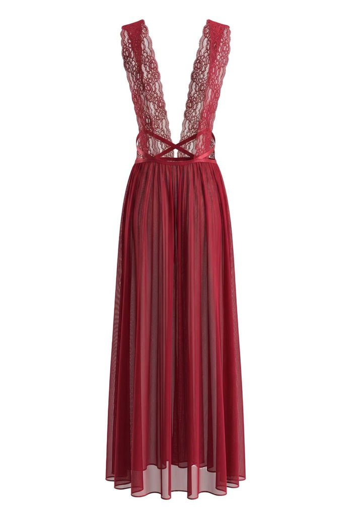 2PCS Deep Red 1980s Lace Color Block Knit Nightgown - vintage lingerie, retro nightgown, elegant sleepwear for vintage lovers