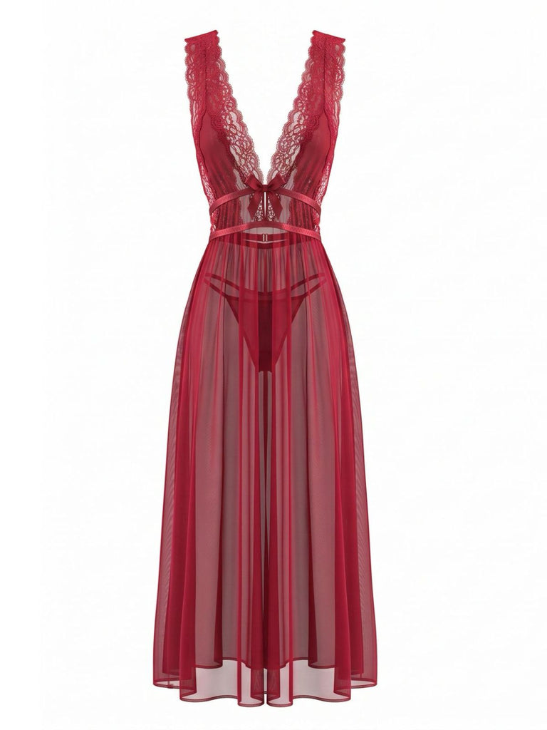 2PCS Deep Red 1980s Lace Color Block Knit Nightgown, vintage fashion, retro style - perfect for women who love vintage and retro fashion
