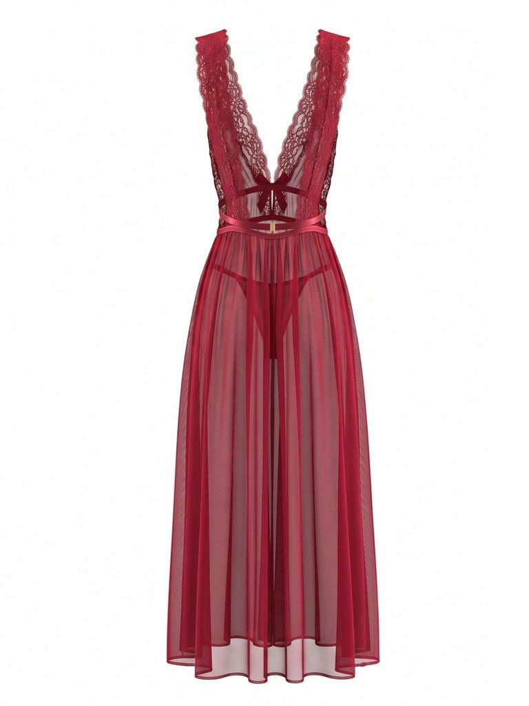 2PCS Deep Red 1980s Lace Color Block Knit Nightgown, vintage fashion, retro style - perfect for women who love vintage and retro fashion