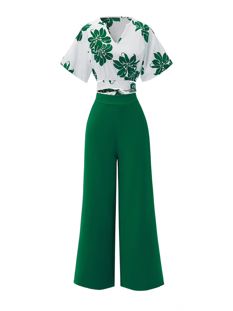 She pairs this 2PCS Green 1950s Floral Crop Top & High Waist Pants with confidence and 1950s charm