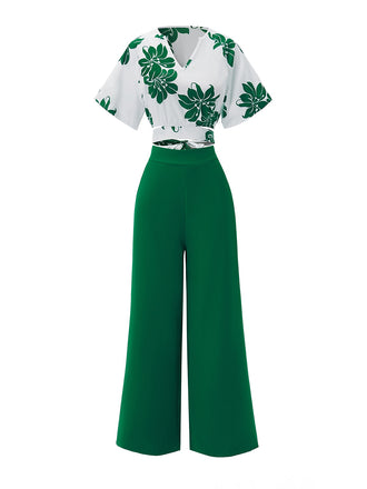 She pairs this 2PCS Green 1950s Floral Crop Top & High Waist Pants with confidence and 1950s charm