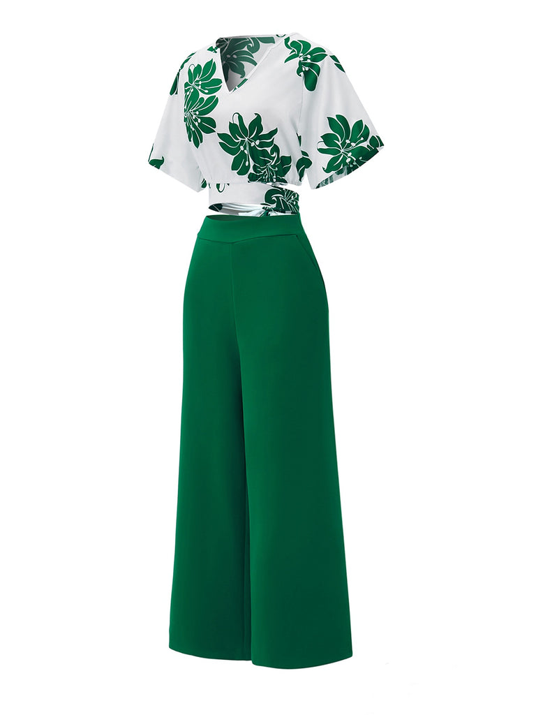 2PCS Green 1950s Floral Crop Top & High Waist Pants: a 1950s classic that whispers rather than shouts