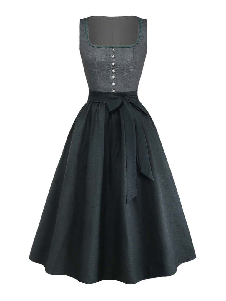 Dark Green 1950s Floral Square Neck Dress 3