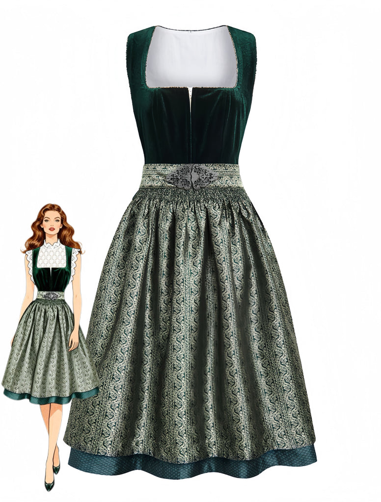2PCS Green 1950s Square Neck Velvet Jacquard Dress & Apron, vintage dress, retro fashion, rockabilly, pin-up fashion - perfect for women who love vintage and retro fashion