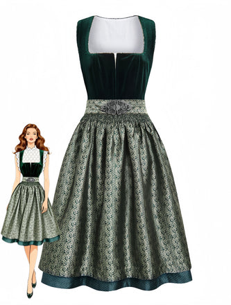 2PCS Green 1950s Square Neck Velvet Jacquard Dress & Apron, vintage dress, retro fashion, rockabilly, pin-up fashion - perfect for women who love vintage and retro fashion