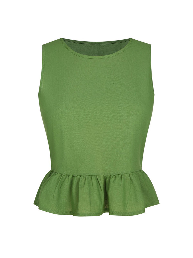 2PCS Green 1960s Ruffled Hem Top & Cropped Pants, vintage top, retro blouse - perfect for women who love vintage and retro fashion