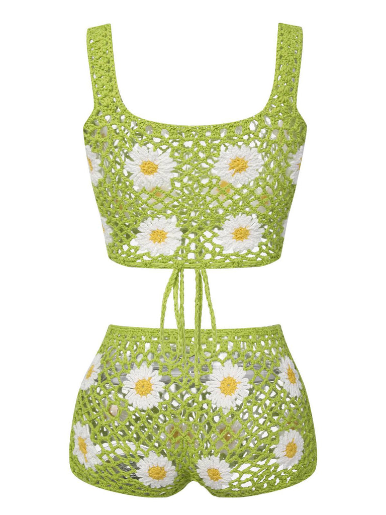 2PCS Green 1980s Daisy Knitted Top & Pants, vintage top, retro blouse - perfect for women who love vintage and retro fashion