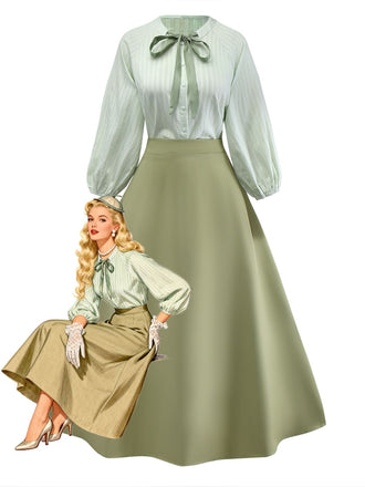 2PCS Green 1980s Tie-Neck Blouse & Solid Skirt - vintage skirt, retro style