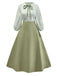 2PCS Green 1980s Tie-Neck Blouse & Solid Skirt - vintage skirt, retro style
