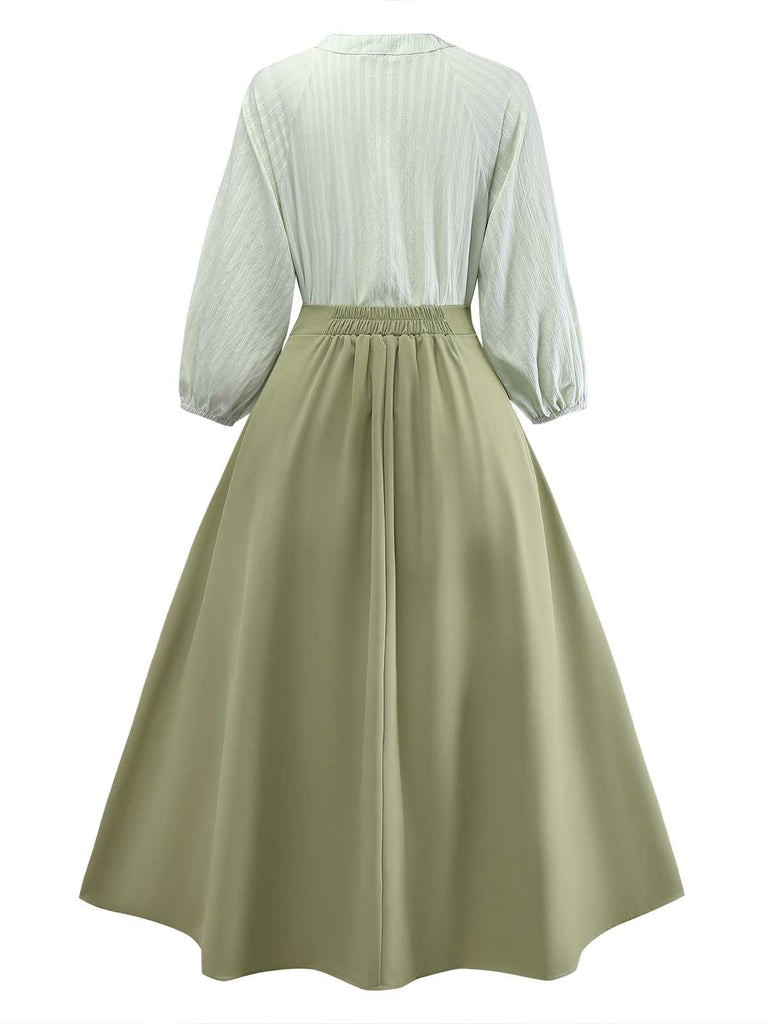2PCS Green 1980s Tie-Neck Blouse & Solid Skirt - vintage skirt, retro style