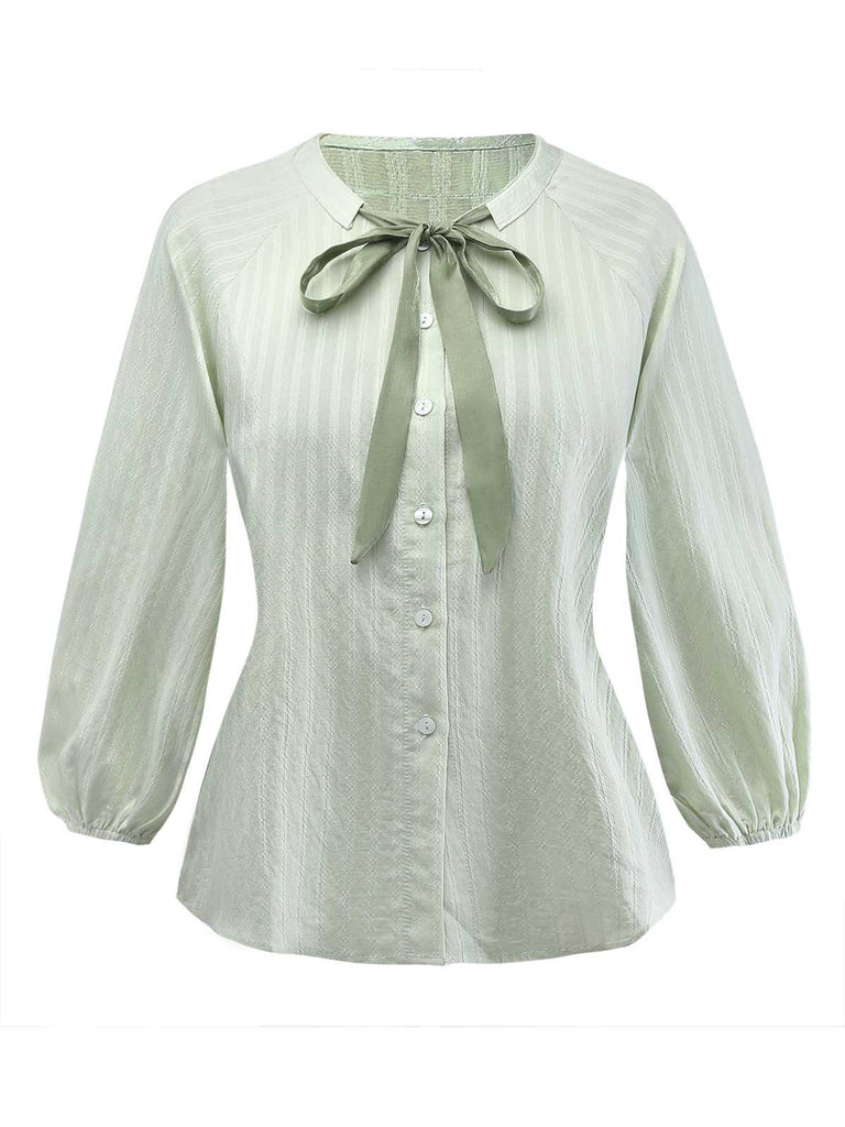 2PCS Green 1980s Tie-Neck Blouse & Solid Skirt - vintage skirt, retro style