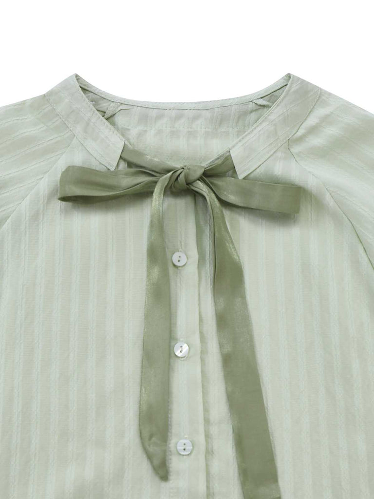 2PCS Green 1980s Tie-Neck Blouse & Solid Skirt - vintage skirt, retro style