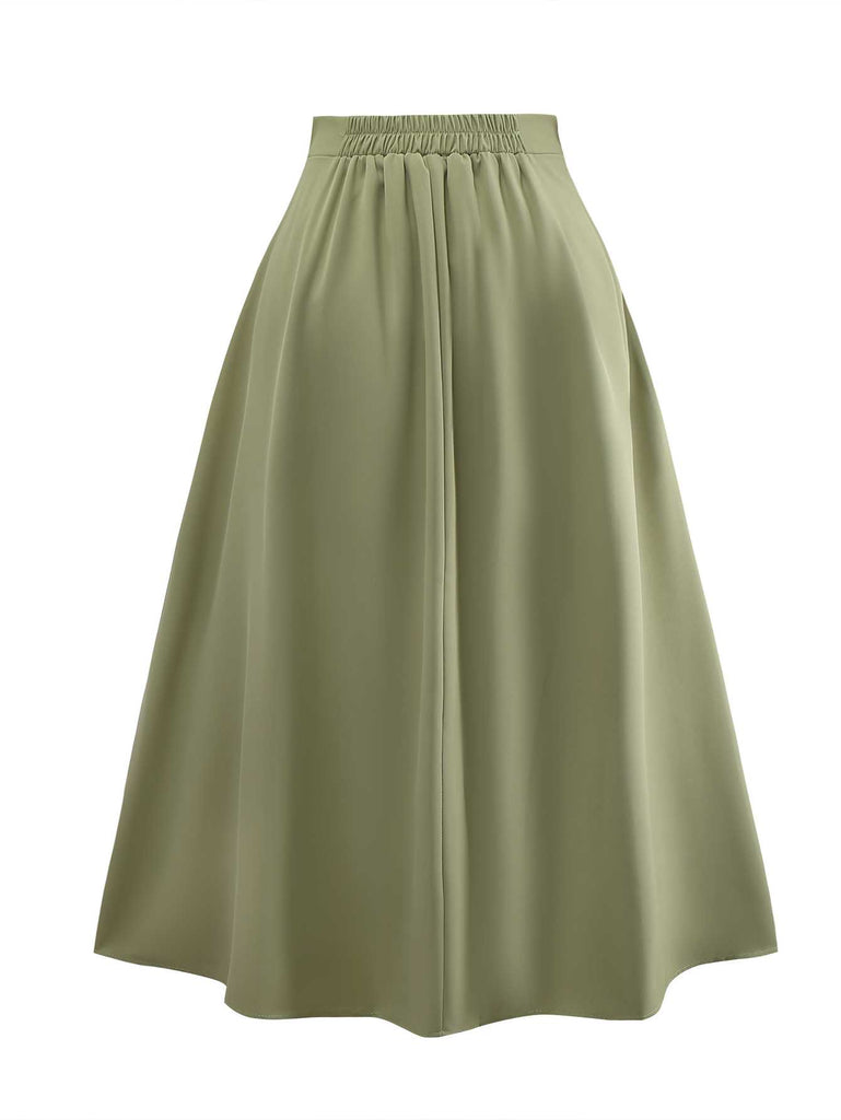 2PCS Green 1980s Tie-Neck Blouse & Solid Skirt - vintage skirt, retro style