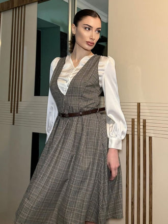 She slips into this 2PCS Grey 1940s V-Neck Plaid Dress & Satin Blouse and suddenly it's a 1940s daydream