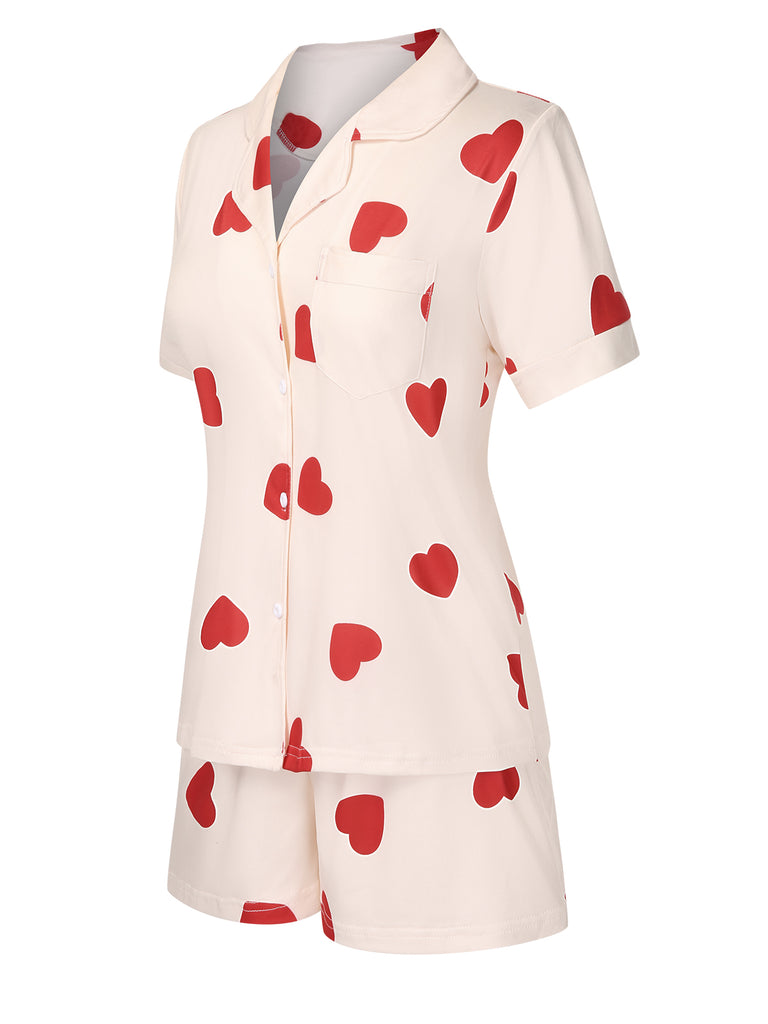 2PCS Heart Short-Sleeved Shirt Shorts Pajamas, vintage pajamas, retro nightwear - perfect for women who love vintage and retro fashion