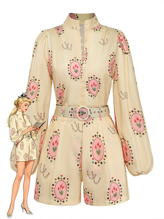 2PCS Ivory 1950s Tulip Floral Puff Sleeve Belted Shorts Set, vintage fashion, retro style - perfect for women who love vintage and retro fashion