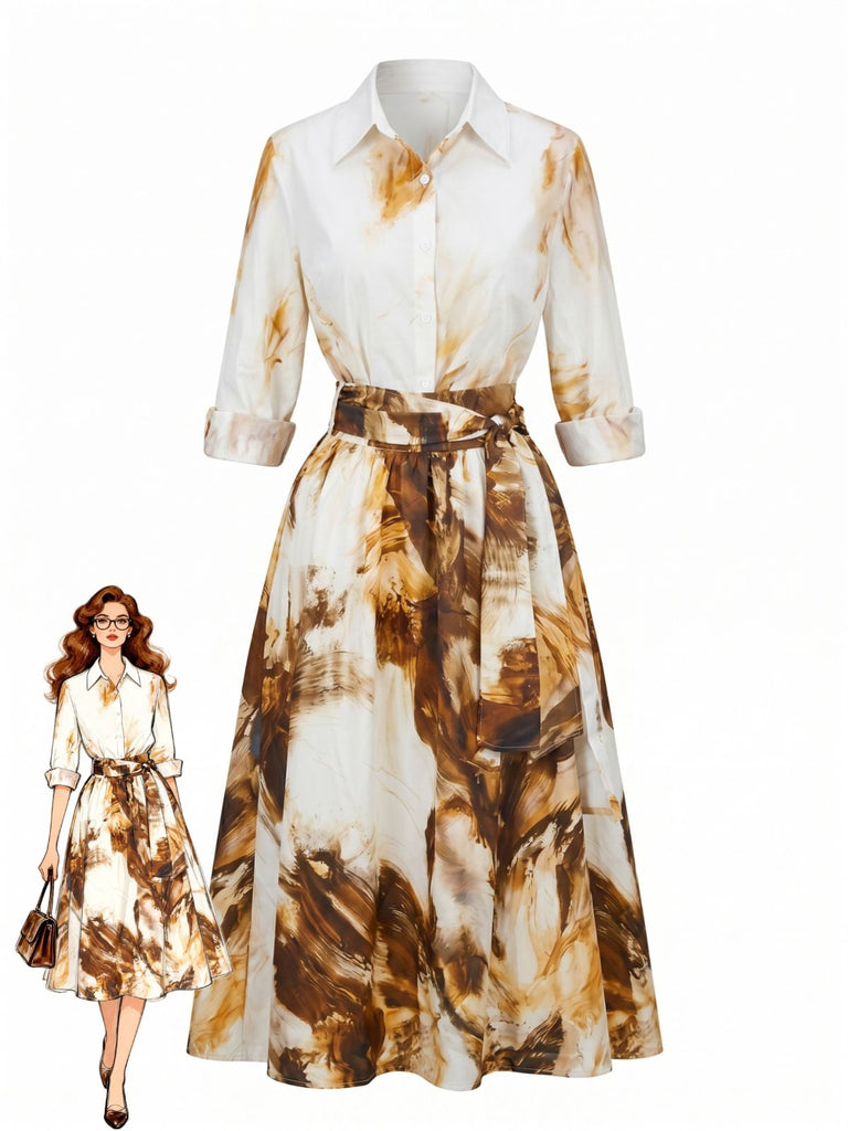 Khaki 1950s Print High Waist Skirt Set, vintage skirt, retro style - perfect for women who love vintage and retro fashion