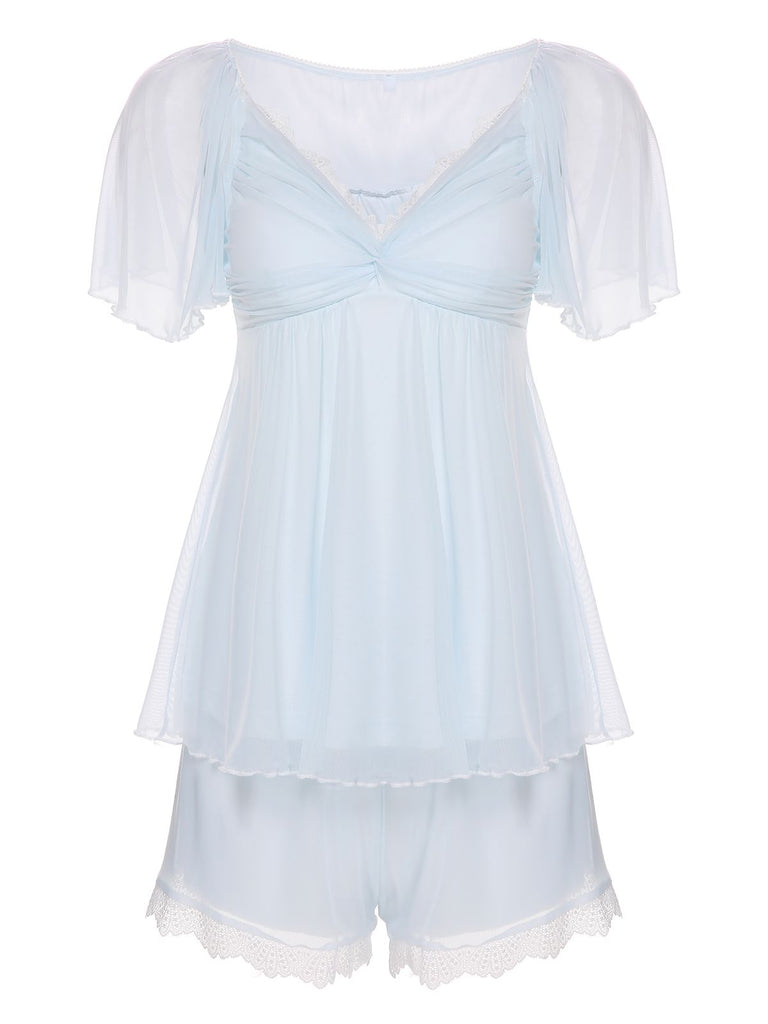2PCS Light Blue 1940s Knot Lace Sleepwear, vintage fashion, retro style - perfect for women who love vintage and retro fashion