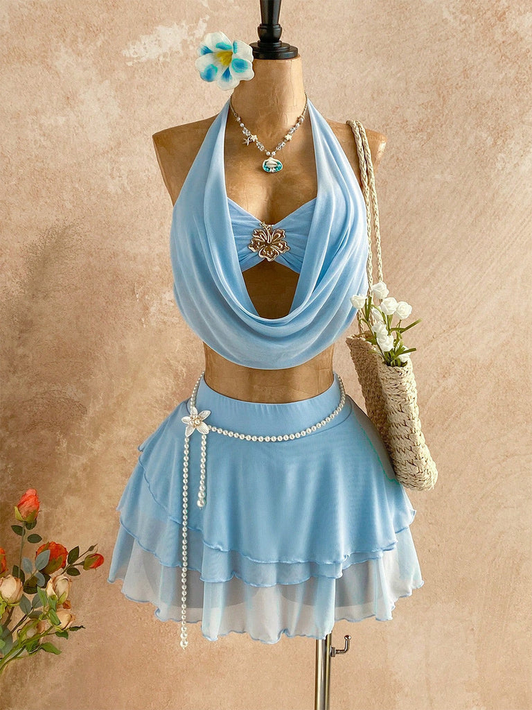 Light Blue 1980s Halter Backless Layered Skirt 2PCS, vintage skirt, retro style - perfect for women who love vintage and retro fashion