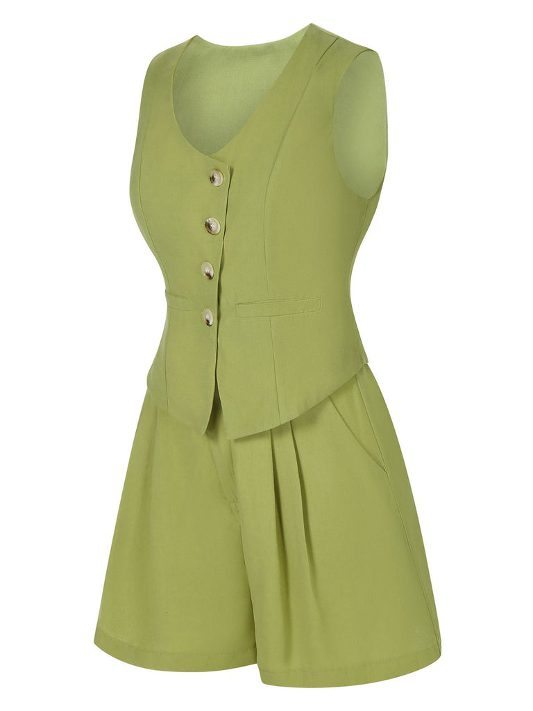 2PCS Light Green 1950s Solid Top & Shorts, vintage top, retro blouse - perfect for women who love vintage and retro fashion
