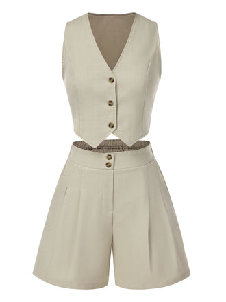 2PCS Light Khaki 1950s Solid V-Neck Vest & Shorts, vintage fashion, retro style - perfect for women who love vintage and retro fashion