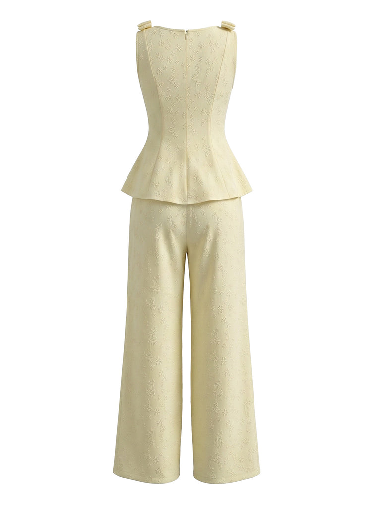 Light Yellow 1950s Ruffle Bow Two Piece Set 3
